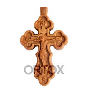 Деревянный нательный крестик криновидный с распятием, цвет светлый, высота 4,5 см (груша)