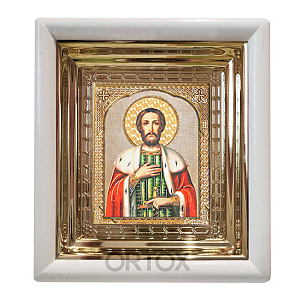Икона благоверного князя Александра Невского, 18х20 см, белый деревянный киот (белый киот)