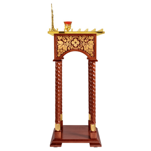 Панихидный стол на 36-50 свечей "Суздальский", цвет "кипарис" с золотом (поталь), колонны, резьба, 46х46х100 см фото 3