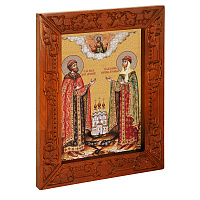 Икона благоверных князей Петра и Февронии Муромских, в узкой резной раме, цвет "кипарис", холст с золочением, ширина рамы 7 см