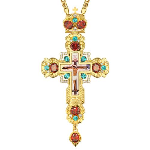 Крест наперсный из ювелирного сплава в позолоте с цепью, фианиты, 8,5х17 см фото 2