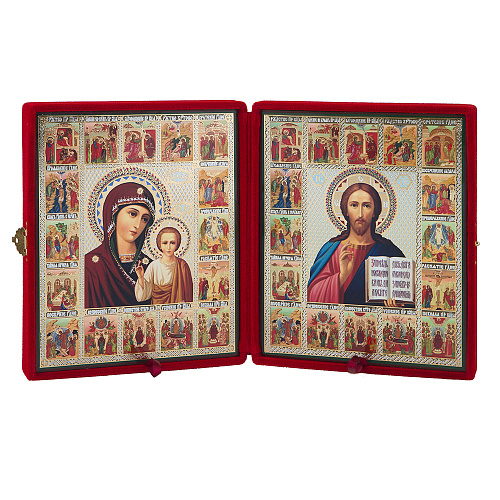Складень венчальный с ликами Спасителя и Божией Матери "Казанская", с праздниками, 18,5х22 см, бархат, №2