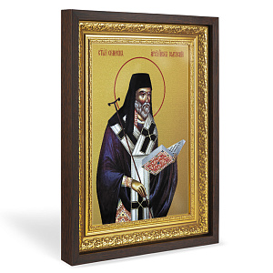 Икона святителя Симеона Солунского, в широком багете, цвет "темный дуб", на холсте, с золочением (33,5х42,2 см (под икону А4))