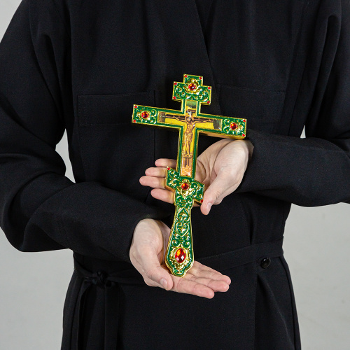Крест напрестольный, цинковый сплав, зеленая эмаль, красные камни, 14,5х26 см фото 5
