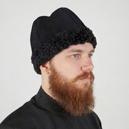 Скуфья зимняя черная, натуральная дубленочная овчина, отворот из каракуля фото 2