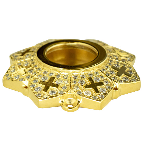 Мощевик накладной из ювелирного сплава в позолоте с крестами и белыми фианитами, Ø 45 мм фото 2 Мощевик накладной из ювелирного сплава в позолоте с крестами и белыми фианитами, Ø 45 мм фото 2