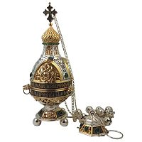 Кадило из ювелирного сплава с фрагментарной позолотой и оксидированием, 11х27 см