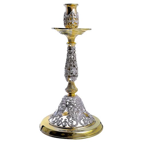 Подсвечник напрестольный из ювелирного сплава в серебрении и позолоте, 13х23 см фото 4 Подсвечник напрестольный из ювелирного сплава в серебрении и позолоте, 13х23 см фото 4