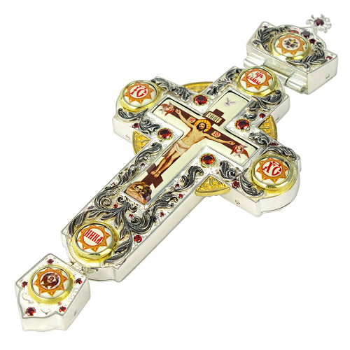 Крест наперсный латунный с украшениями, красные камни, 7х15 см фото 2