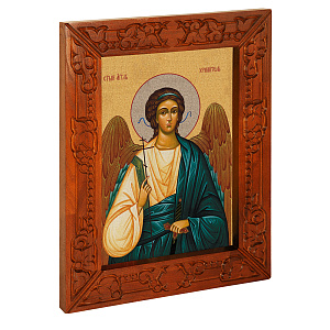 Икона Ангела Хранителя, в узкой резной раме, цвет "кипарис", холст с золочением, ширина рамы 7 см (33х41,7 см (под икону А4))