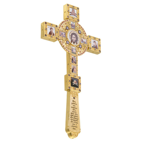 Крест напрестольный из ювелирного сплава в позолоте с красными фианитами, 17,5х33,5 см фото 2
