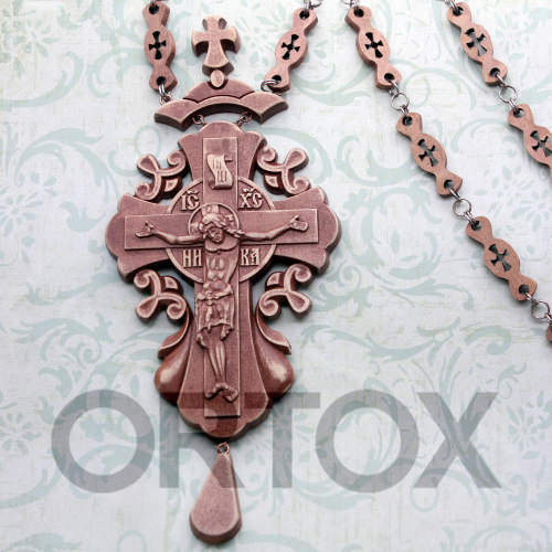 Крест наперсный деревянный резной с цепью, 7х17 см, темный фото 2
