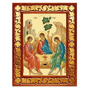 Икона Пресвятой Троицы в резной рамке, цвет "кипарис с золотом" (поталь), ширина рамки 7 см (14,8х21 см (А5))