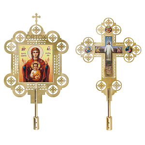 Запрестольные крест и икона с ликами Спасителя и Божией Матери "Знамение", комплект, латунь (с древком)