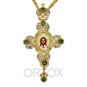 Крест наперсный латунный с цепью, позолота и деколь (зеленые камни)