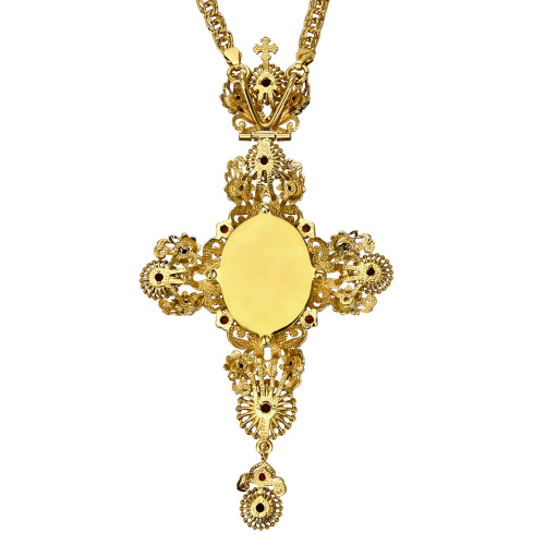 Крест наперсный из ювелирного сплава в позолоте с цепью, деколь, 7,7х14 см фото 4