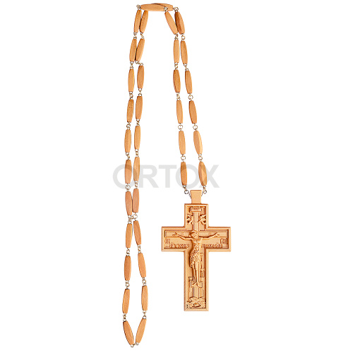 Крест наперсный протоиерейский деревянный светлый резной, с цепью, 7х12 см фото 3