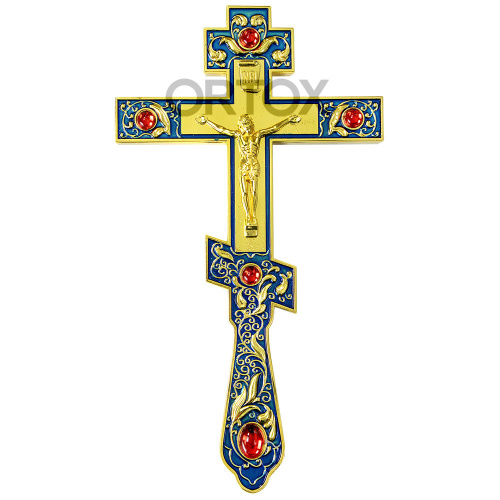 Крест напрестольный латунный, синяя эмаль, красные камни, 14,5х26 см, У-0036