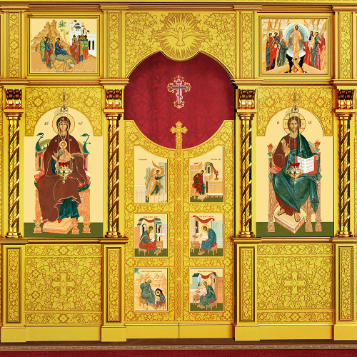 Иконостас деревянный резной "Владимирский" двухъярусный, цвет "золото", 690х528х40 см фото 5