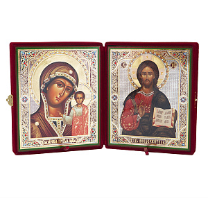 Складень венчальный с ликами Спасителя и Божией Матери "Казанская", 18,5х22 см, бархат, стразы (бордовый)
