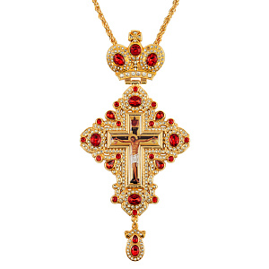 Крест наперсный с цепью, цинковый сплав, 8,5х18 см (красные камни)