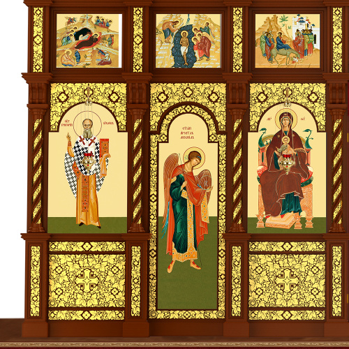 Иконостас деревянный резной "Владимирский" четырехъярусный, цвет "кипарис" с золотом (поталь), 690х730х45 см фото 6