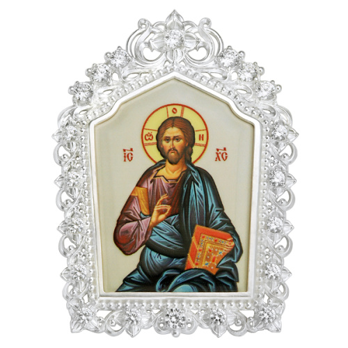 Накладки на митру (комплект из 4 штук) из ювелирного сплава в серебрении, с фианитами, №7 фото 2