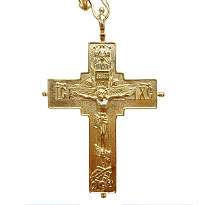 Крест-мощевик наперсный серебряный с цепью, позолота, высота 9 см (вес 130,12 г)