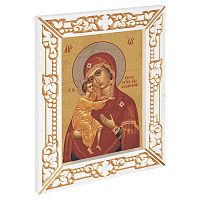 Икона Божией Матери "Феодоровская", в узкой резной раме, белая с золотом (патина), холст с золочением, ширина рамы 7 см