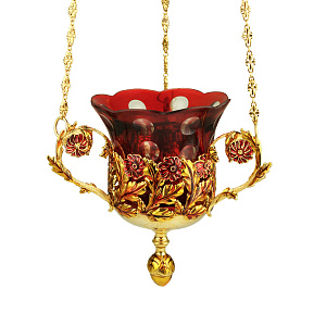 Лампада из ювелирного сплава подвесная, в позолоте с эмалью (красный стаканчик)