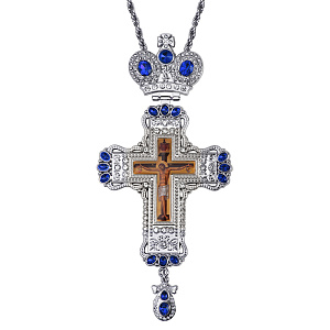 Крест наперсный с цепью, цинковый сплав, камни, 8х18,5 cм (синие камни)