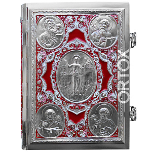 Евангелие напрестольное красное, полный оклад "под серебро", эмаль, 24х31 см (никелирование		)