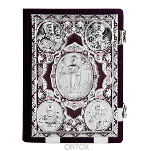 Евангелие напрестольное фиолетовое, оклад "под серебро", бархат, эмаль, 24х31 см (церковно-славянский язык)