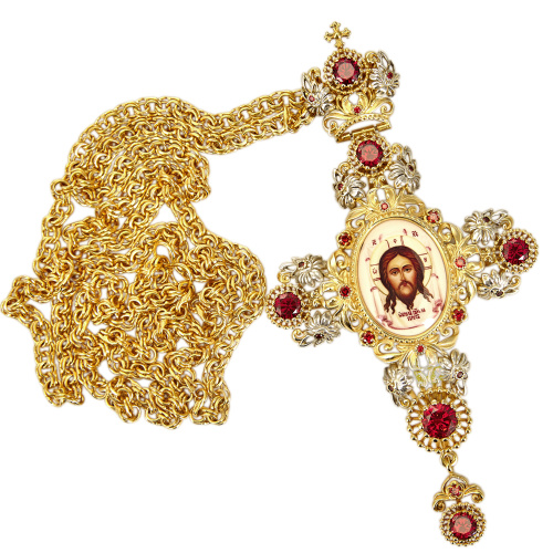 Крест наперсный из ювелирного сплава в позолоте с цепью, деколь, 7,7х14 см фото 3