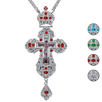 Крест наперсный из ювелирного сплава в серебрении с цепью, фианиты, 8х17,7 см
