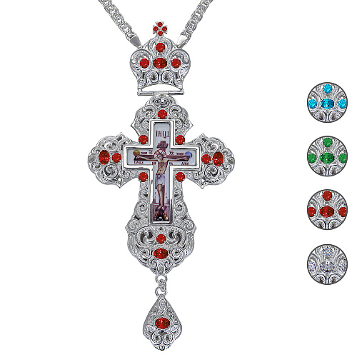 Крест наперсный из ювелирного сплава в серебрении с цепью, фианиты, 8х17,7 см