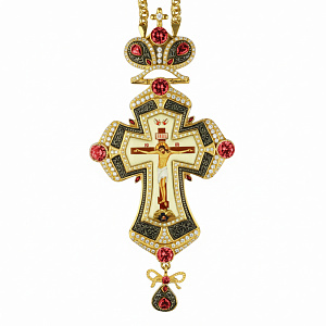Крест наперсный из ювелирного сплава в позолоте с цепью, фианиты, 8х17 см (красные фианиты)