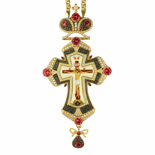 Крест наперсный из ювелирного сплава в позолоте с цепью, фианиты, 8х17 см фото 2