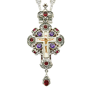 Крест наперсный серебряный, с цепью, красные фианиты, высота 14 см (чернение)