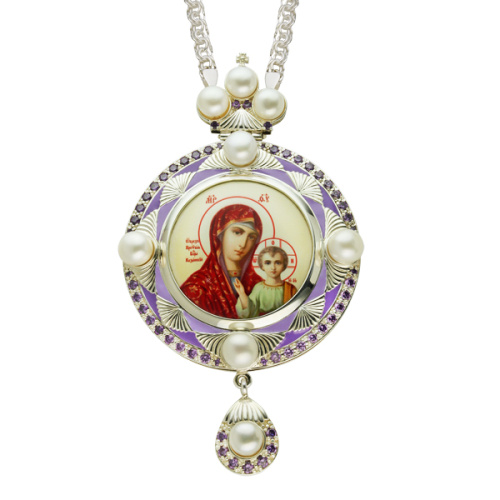 Панагия серебряная с цепью, эмаль, жемчуг и фианиты, высота 13 см фото 2