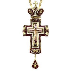 Крест наперсный латунный в позолоте с цепью, с эмалью и фианитами, 6х15 см (красная эмаль, красные и белые фианиты)