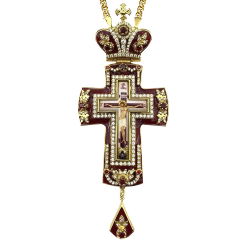 Крест наперсный латунный в позолоте с цепью, с эмалью и фианитами, 6х15 см