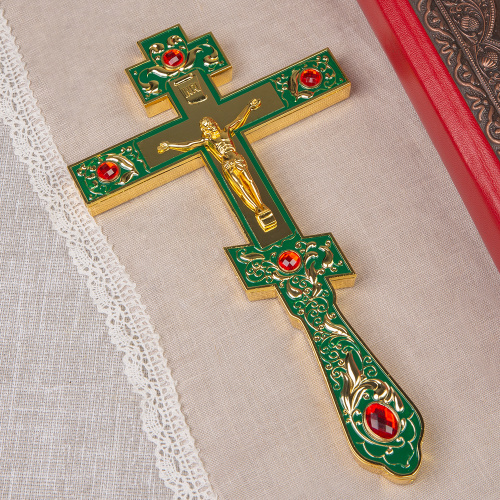 Крест напрестольный, зеленая эмаль, красные камни, 14х26 см фото 3