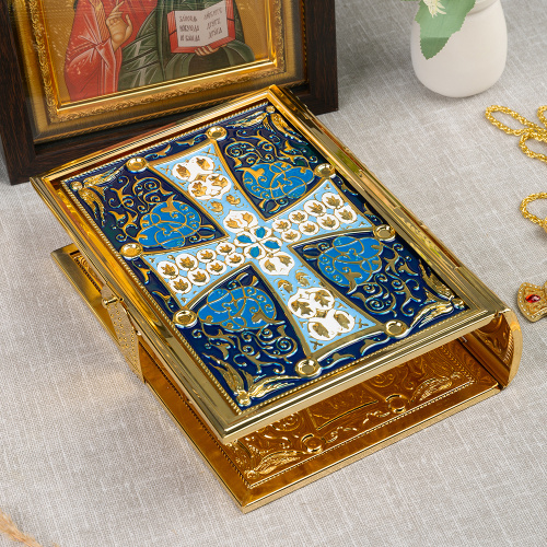 Оклад для Евангелия напрестольного, цинковый сплав, цвет "под золото", синяя эмаль, 16,5х6х24,5 см фото 4