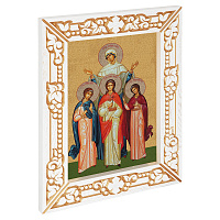 Икона мучениц Веры, Надежды, Любови и матери их Софии, в узкой резной раме, белая с золотом (патина), холст с золочением, ширина рамы 7 см