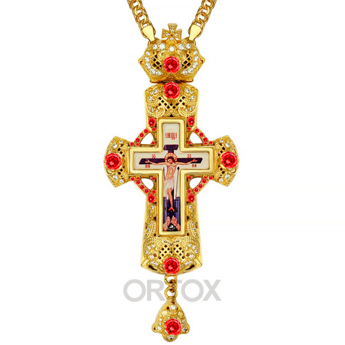 Крест наперсный латунный, позолота, фианиты, 6,5х15 см фото 4