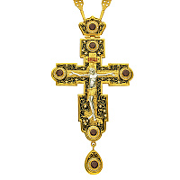 Крест наперсный серебряный, с цепью, позолота, красные фианиты, высота 18 см
