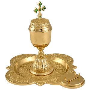 Елейница / чаша для елеопомазания из ювелирного сплава с тарелочкой, в позолоте с родированием (зеленые камни)