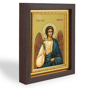 Икона Ангела Хранителя, в узком багете, цвет "темный дуб", на холсте, с золочением (17,4х21,7 см (под икону А6))