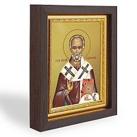 Икона Николая Чудотворца, в узком багете, цвет "темный дуб", на холсте, с золочением